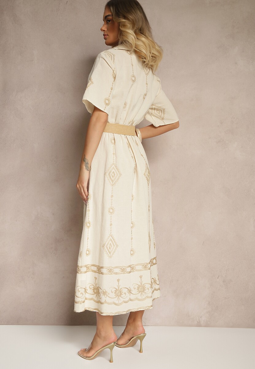 Beżowa Koszulowa Sukienka z Bawełny z Plecionym Paskiem Sariene