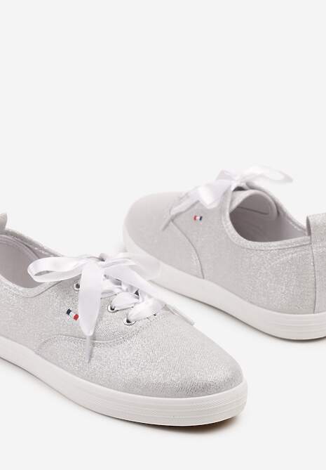 Białe Tenisówki Brokatowe z Ozdobnymi Sznurowadłami Palmena