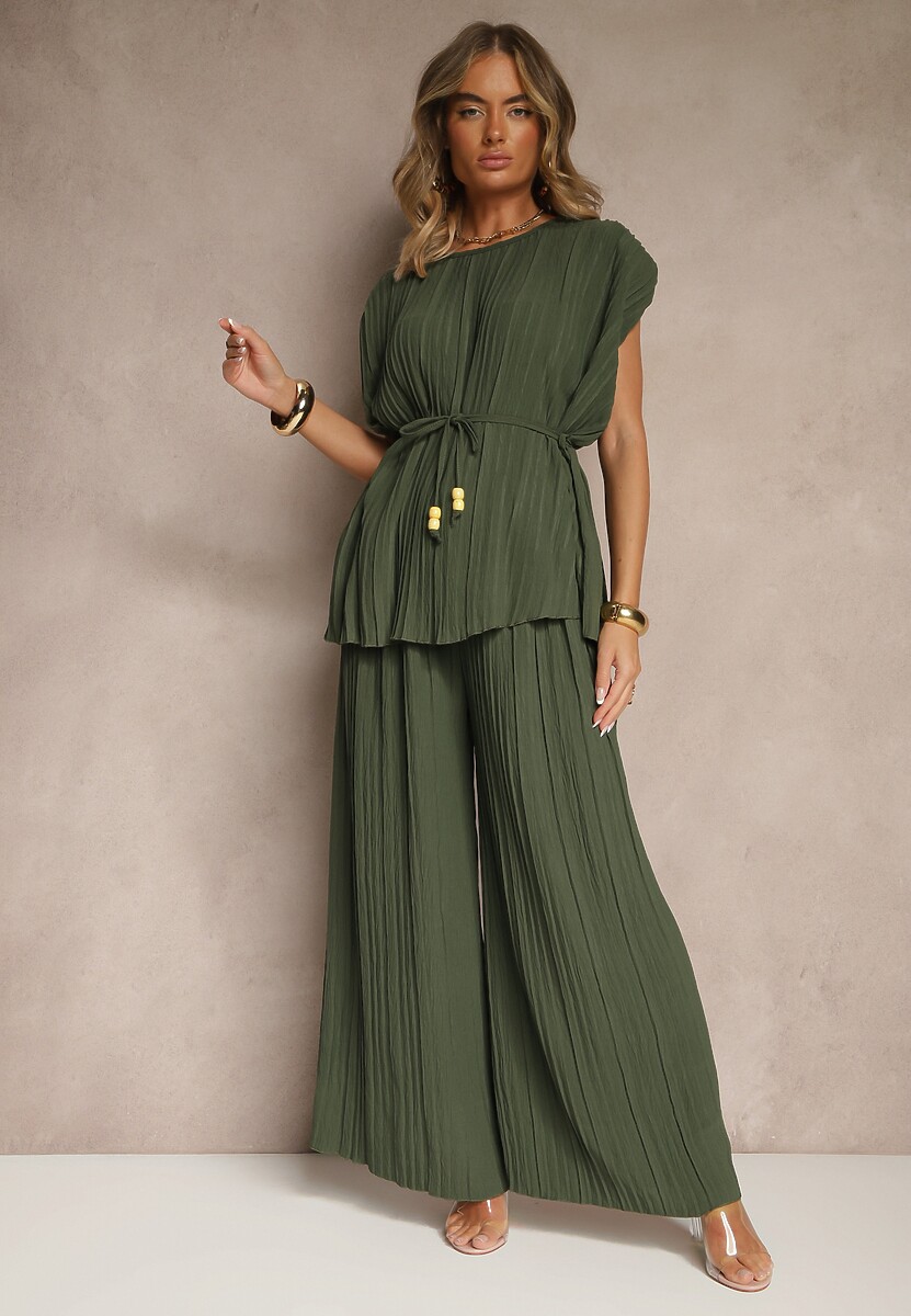Ciemnozielony Komplet Spodnie o Szerokim Kroju i Bluzka z Usztywnioną Linią Ramion Nilamira