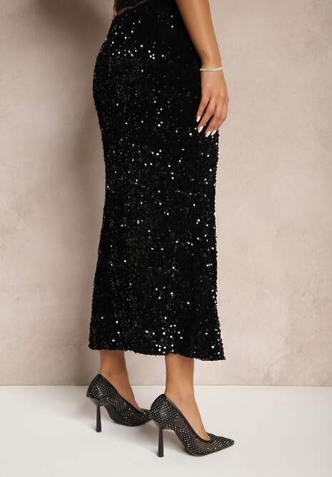 Czarna Koktajlowa Spódnica High Waist w Cekiny Melimi