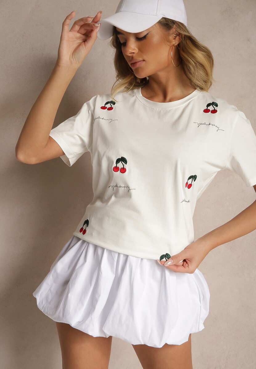 Biały T-shirt z Bawełny z Haftowanymi Detalami w Wiśnie Nevianeva