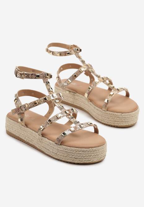 Złote Wężowe Sandały w Stylu Gladiatorek na Grubej Podeszwie z Plecionki Sonalisa