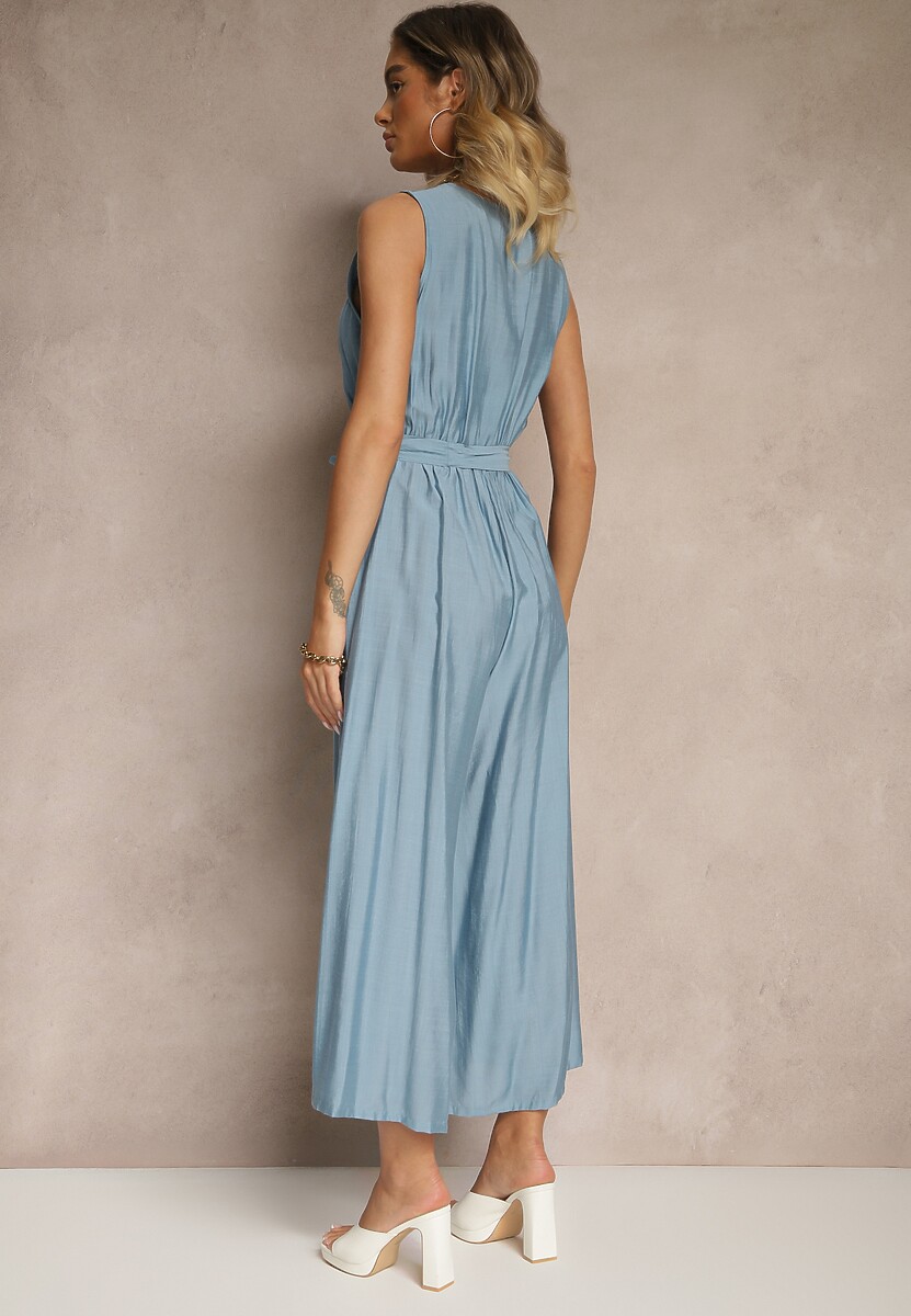 Niebieski Kombinezon Taliowany z Wiskozą Ozdobiony Paskiem Evintria