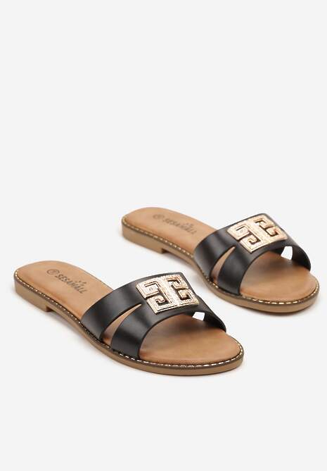 Czarne Klapki Ozdobione Metaliczną Geometryczną Aplikacją Valloren