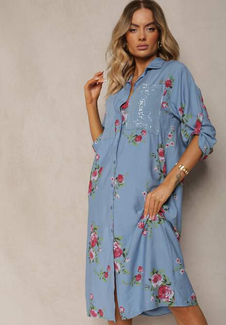 Niebieska Koszulowa Bawełniana Sukienka Zapinana na Guziki Nuramla