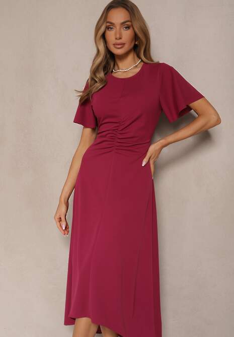 Bordowa Sukienka o Rozkloszowanym Kroju z Marszczeniem Odarene