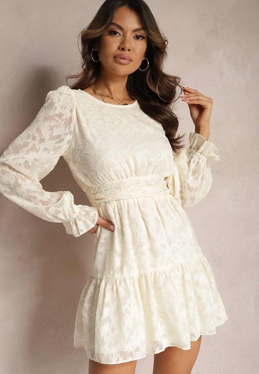 Jasnobeżowa Rozkloszowana Sukienka Mini z Tkaniny Plumeti Marsane