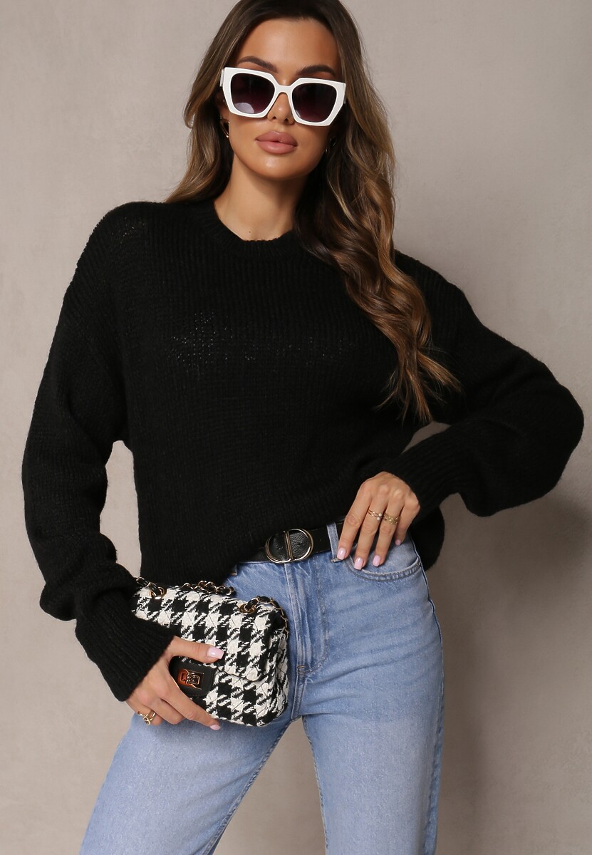 Czarny Sweter o Klasycznym Fasonie z Wełną i Ściągaczami Tuzza