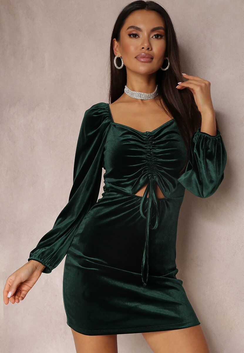 Ciemnozielona Sukienka Welurowa z Kwadratowym Dekoltem i Ściągaczem Rimo