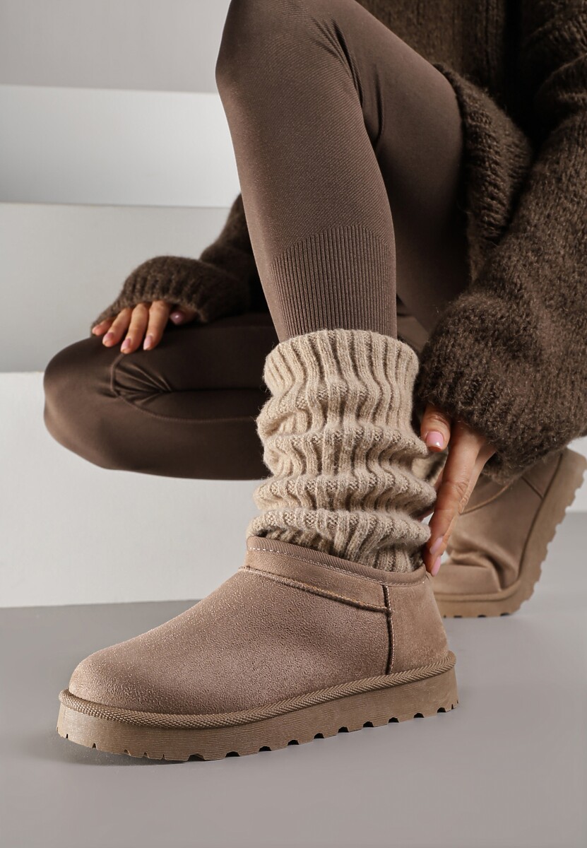 Ciemnobeżowe Niskie Śniegowce o Wsuwanym Fasonie Alodra