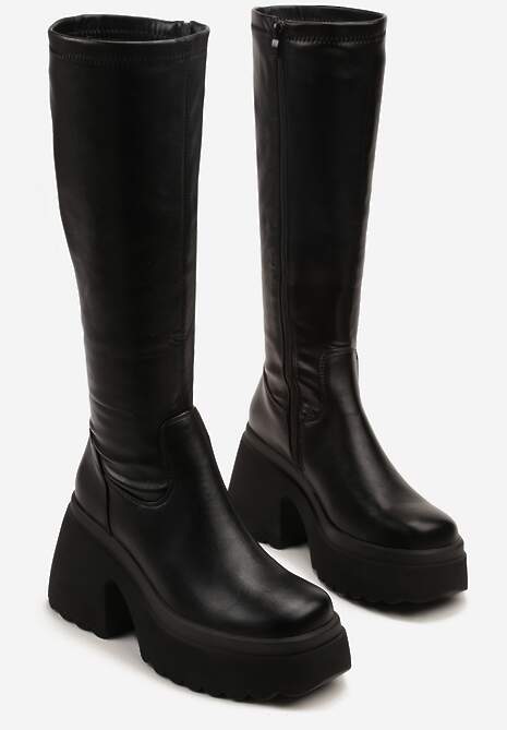 Czarne Kozaki na Słupku i Platformie z Dopasowaną Cholewką Avelgissa