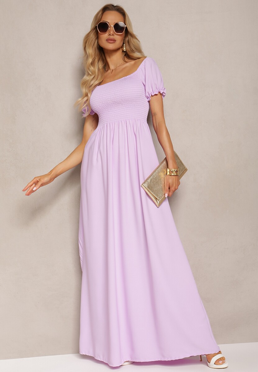 Jasnofioletowa Sukienka z Gumeczkami w Talii i Przy Dekolcie z Rozkloszowanym Dołem Anideta