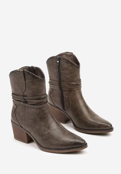 Ciemnobeżowe Botki Kowbojki na Stożkowym Obcasie z Cholewką z Rzemykiem Zoiana