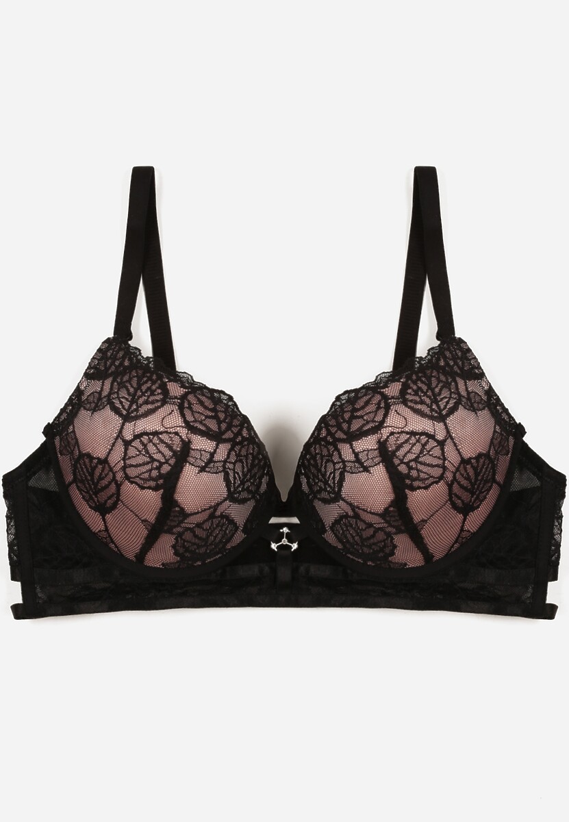 Czarno-Beżowy Koronkowy Biustonosz w Klasycznym Stylu z Aplikacją Galinassa