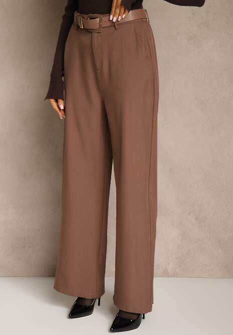 Brązowe Szerokie Spodnie Garniturowe z Wysokim Stanem i Paskiem z Klamrą Fevelira
