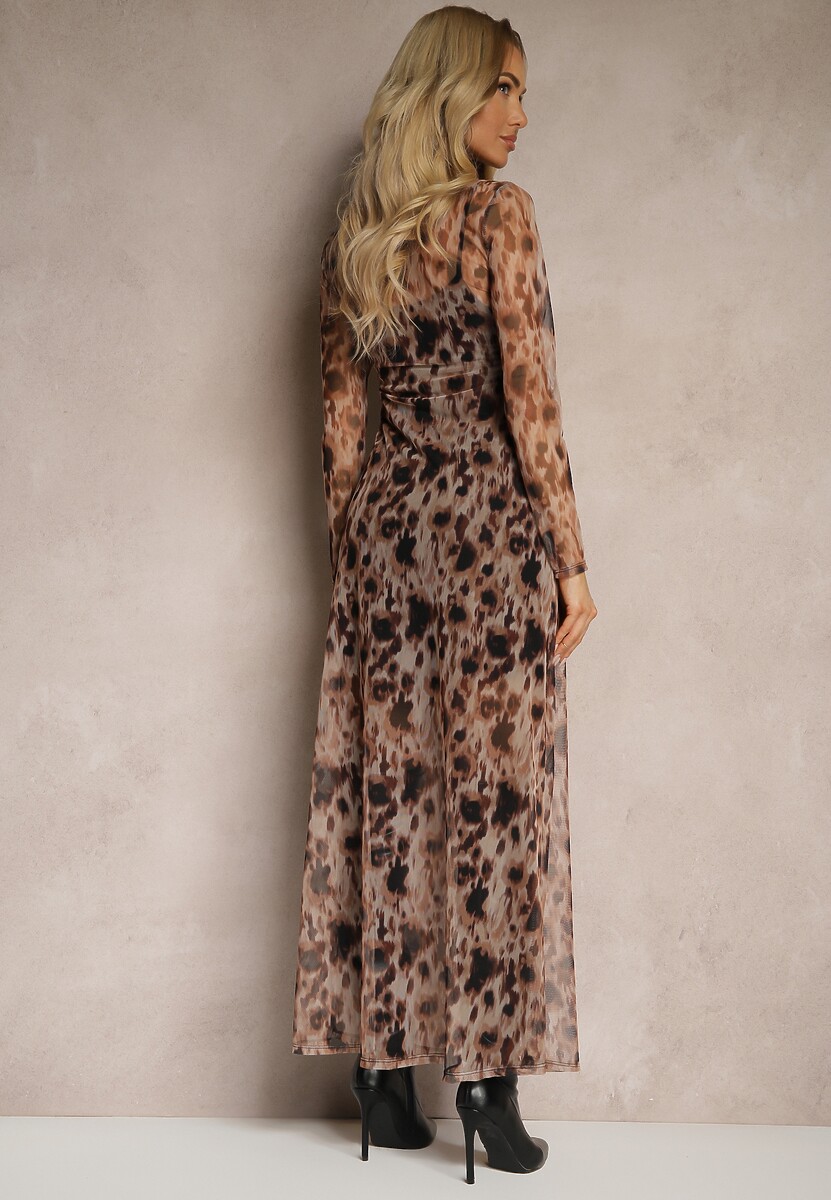 Czarno-Beżowa Siateczkowa Sukienka w Panterkowy Wzór z Dołączoną Halką Delithwen