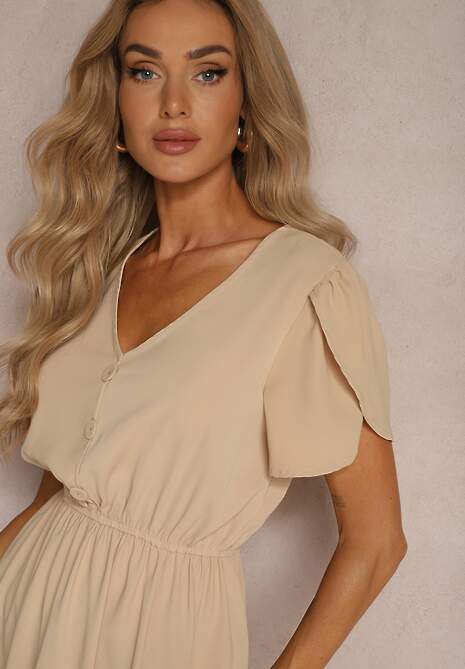 Beżowa Sukienka z Gumką w Talii i Falbankami o Rozkloszowanym Fasonie Xelimia