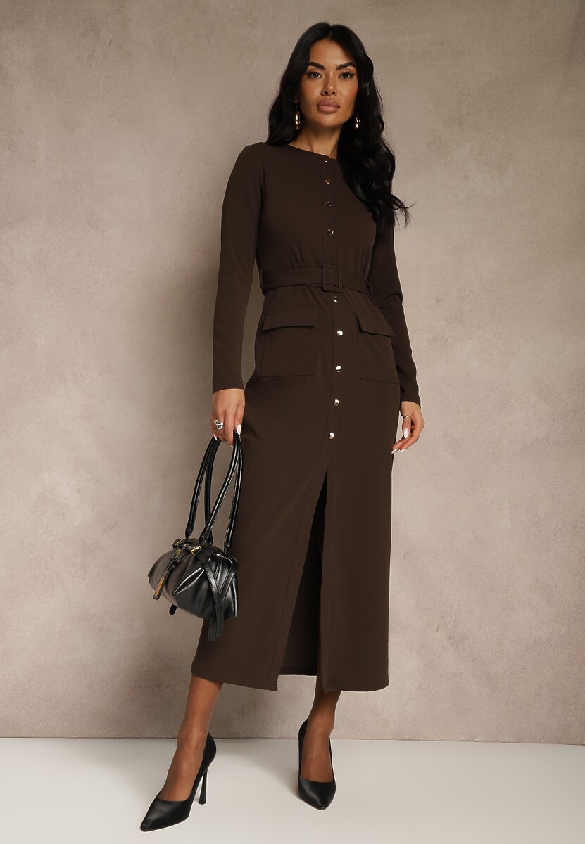 Czarna Koszulowa Sukienka z Wiskozą Ozdobiona Paskiem i Guzikami Vetionna