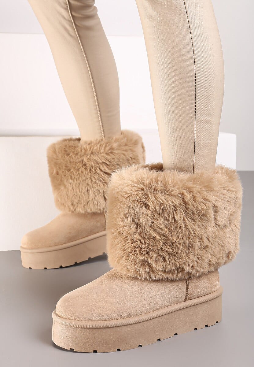 Ciemnobeżowe Śniegowce na Grubej Podeszwie Ozdobione Futerkiem Naolani