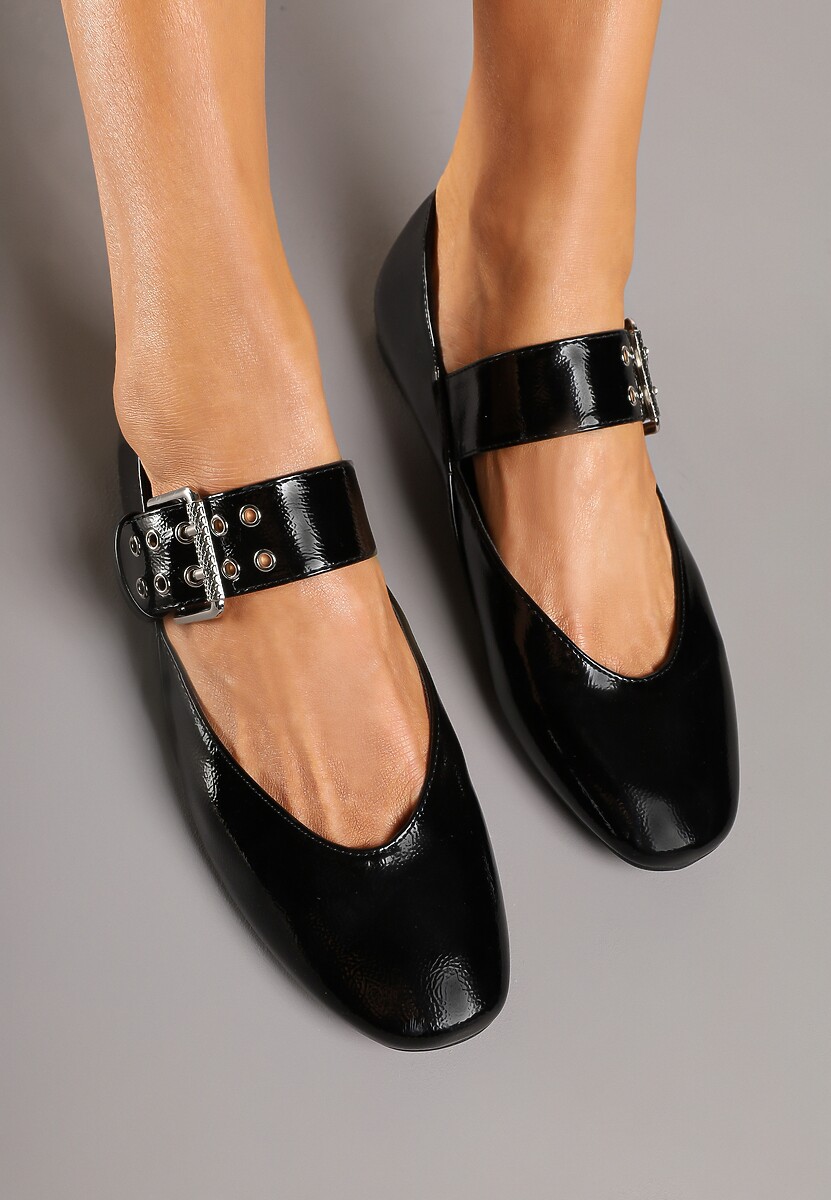 Czarne Lakierowane Balerinki z Paskiem Zapinanym na Dużą Klamrę Tastia