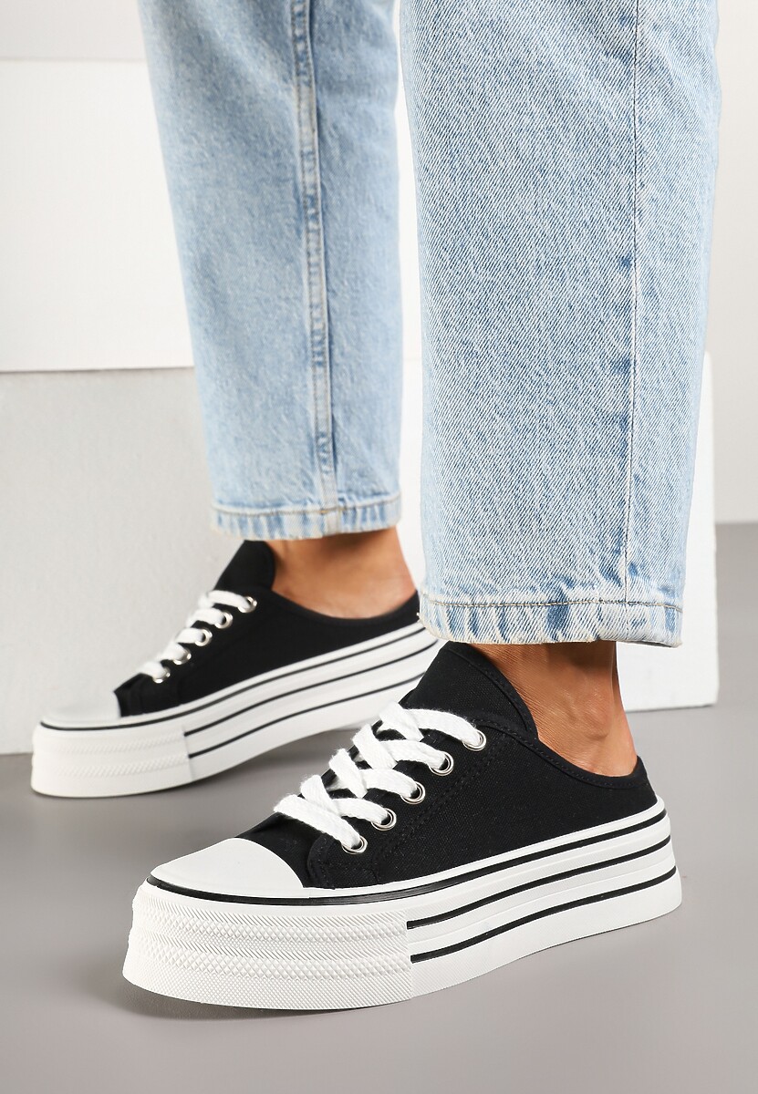 Czarne Trampki z Niską Cholewką na Podwójnej Podeszwie Lenisna