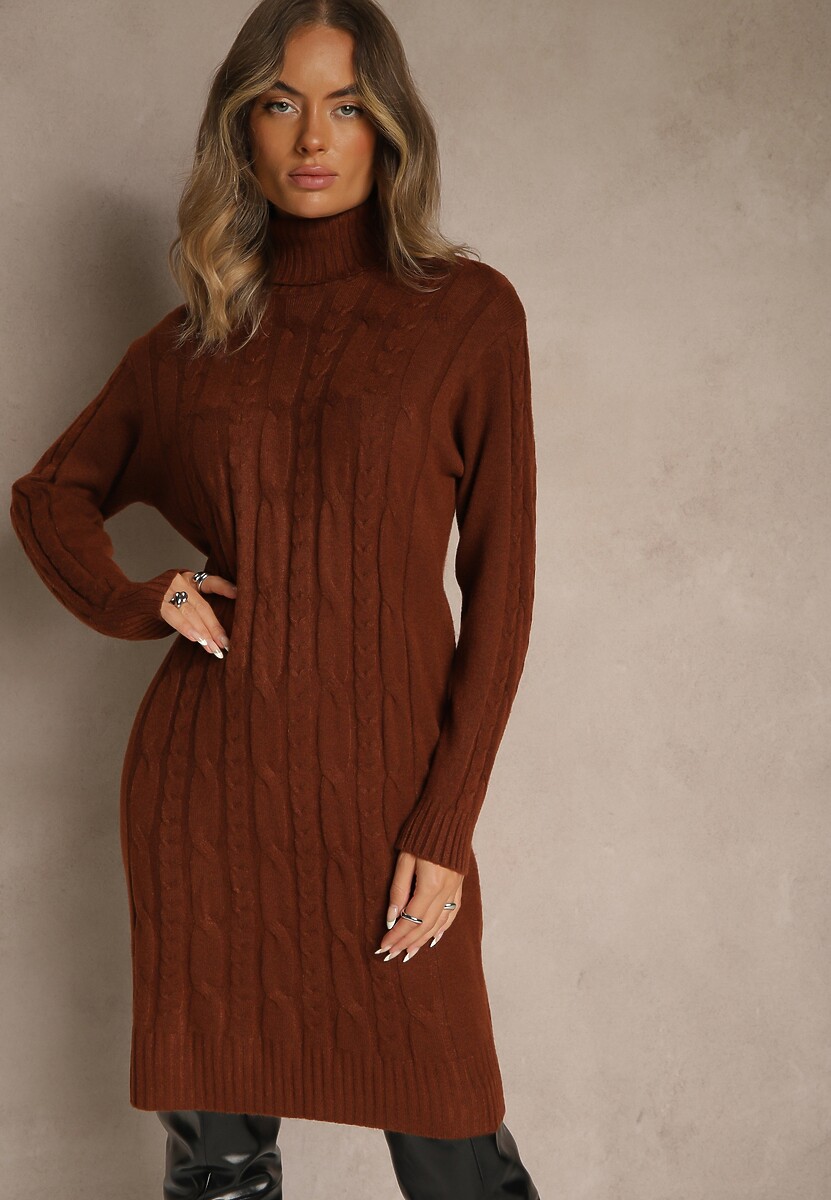 Brązowa Prążkowana Sukienka z Golfem z Dzianiny z Wełną Esandra