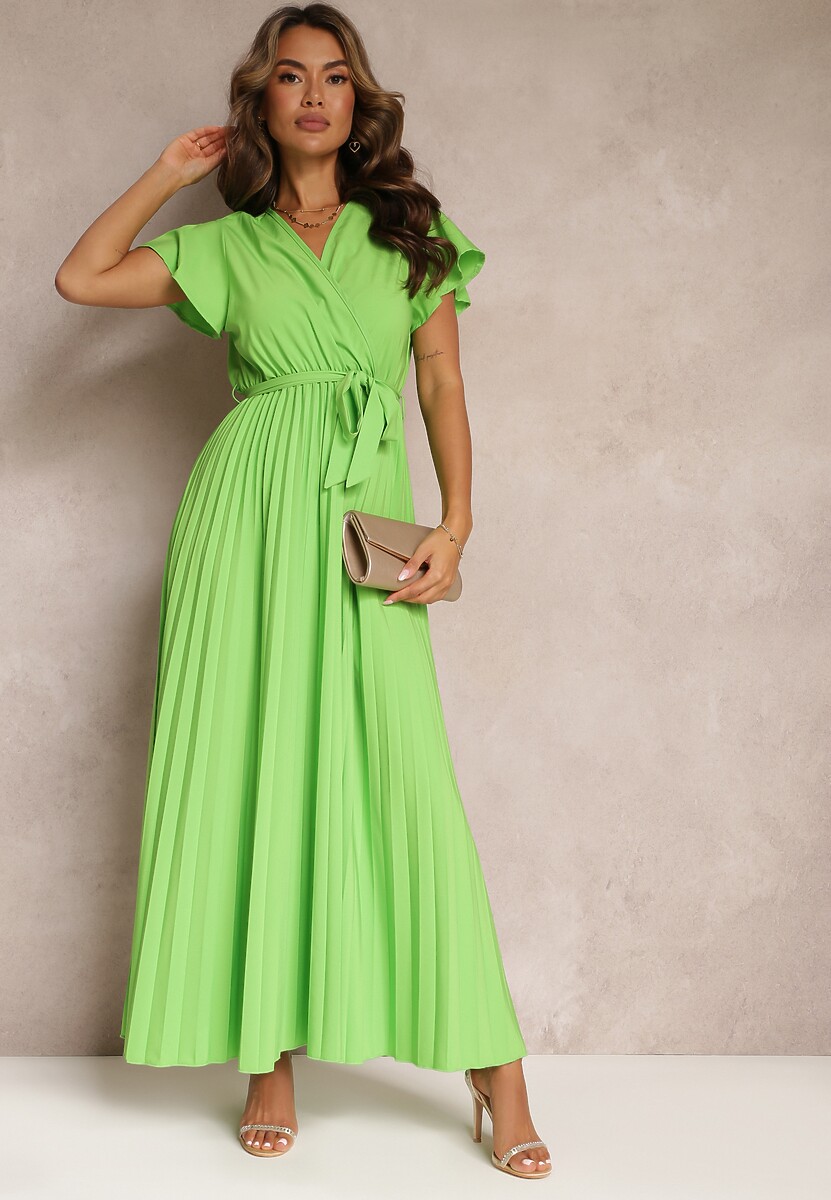 Zielona Koktajlowa Maxi Sukienka Ozdobiona Plisami z Trójkątnym Dekoltem i Wiązaniem w Talii Phoelia