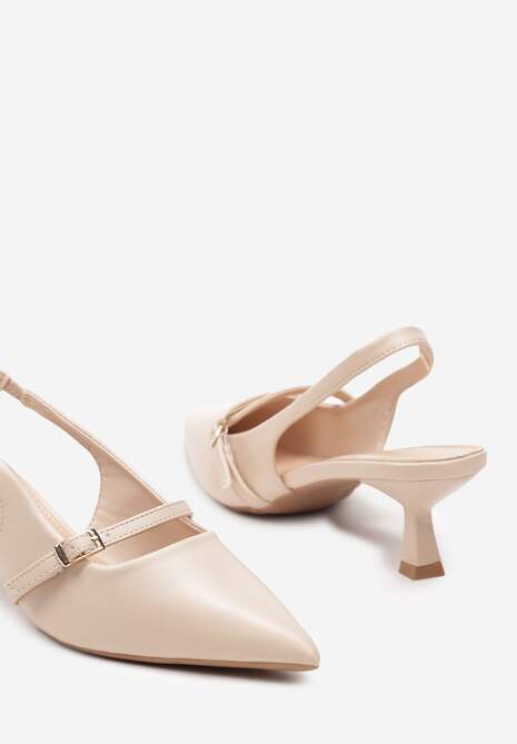 Beżowe Sandały z Odkrytą Piętą na Obcasie Kaczuszka Zapinane na Sprzączkę Alluana