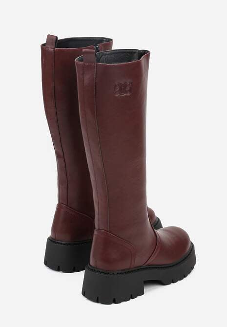 Bordowe Kozaki VICES na Platformie z Tłoczonym Zdobieniem przy Cholewce Uniresa