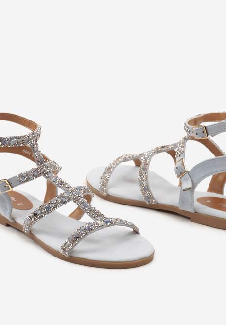Jasnoniebieskie Sandały z Kamyczkami i Cyrkoniami ze Sprzączką przy Kostce Risaja