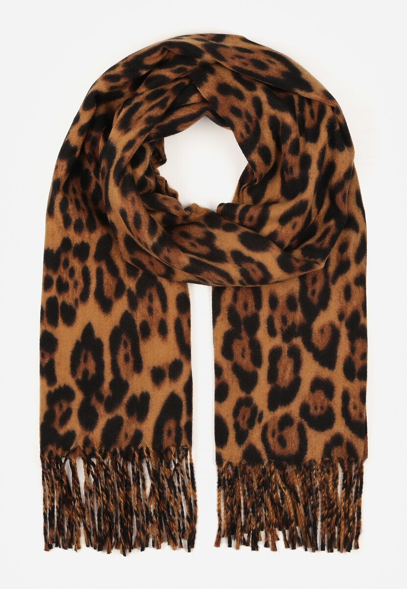 Brązowy Panterkowy Szalik z Wiskozy Zdobiony Frędzlami Ferialda