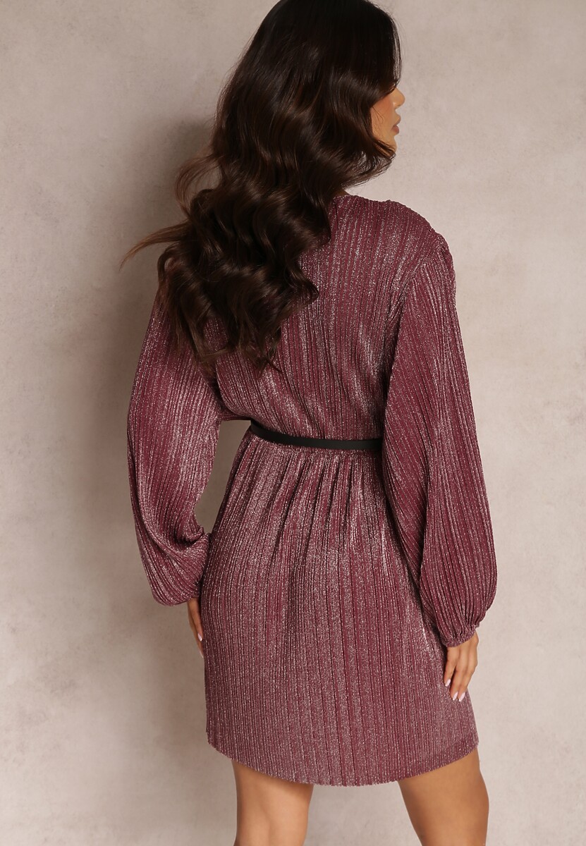 Bordowa Sukienka Metaliczna Plisowana z Paskiem Fonelle