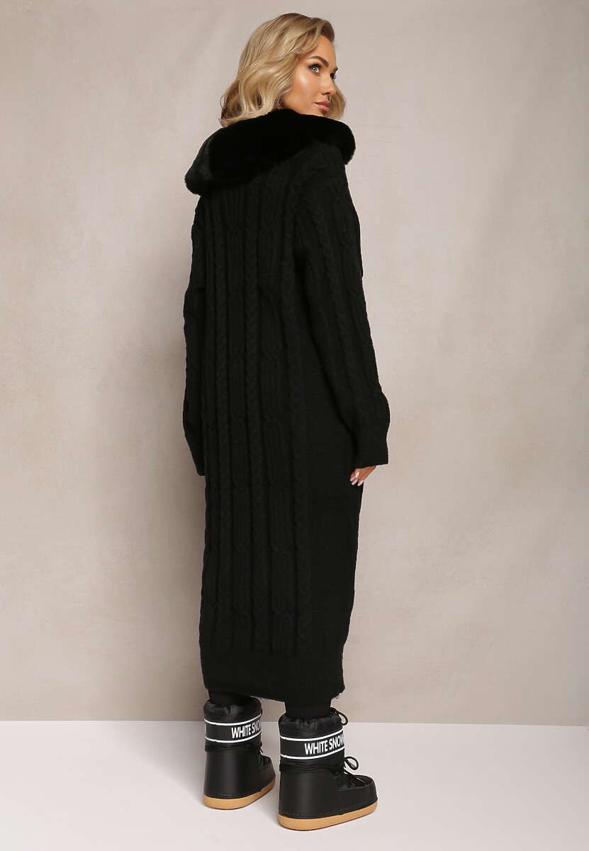 Czarny Wiskozowy Kardigan w Warkoczykowy Splot z Futrzanym Kołnierzem Nirossa