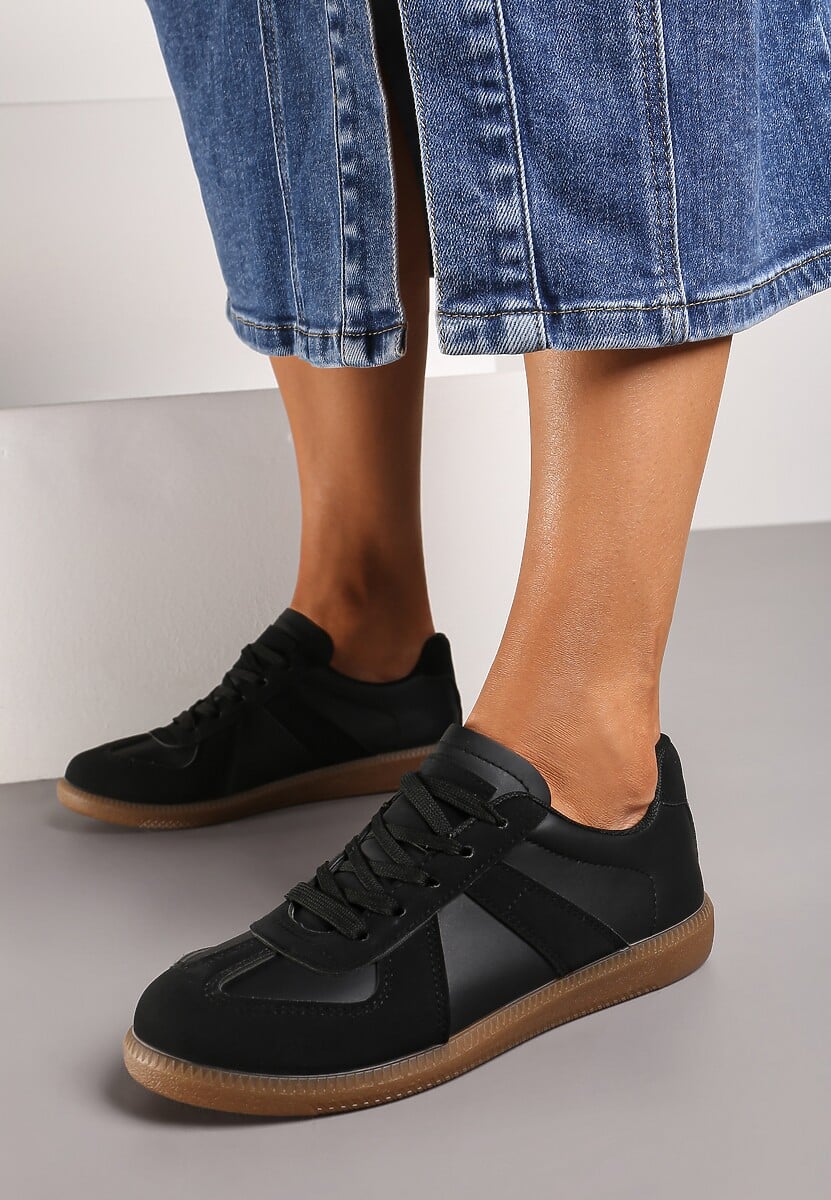 Czarne Płaskie Sneakersy ze Sznurowaniem i Wstawkami z Ekoskóry Elafae