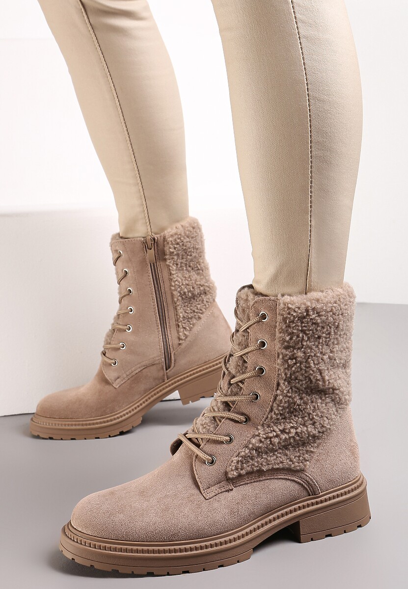 Beżowe Botki Workery z Ozdobnym Futerkiem Sinuas