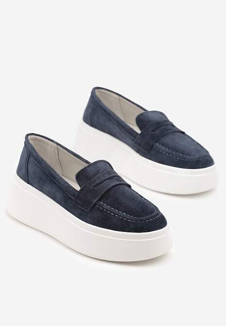 Granatowe Półbuty w Stylu Mokasynów na Platformie ze Skóry Naturalnej Nilovira