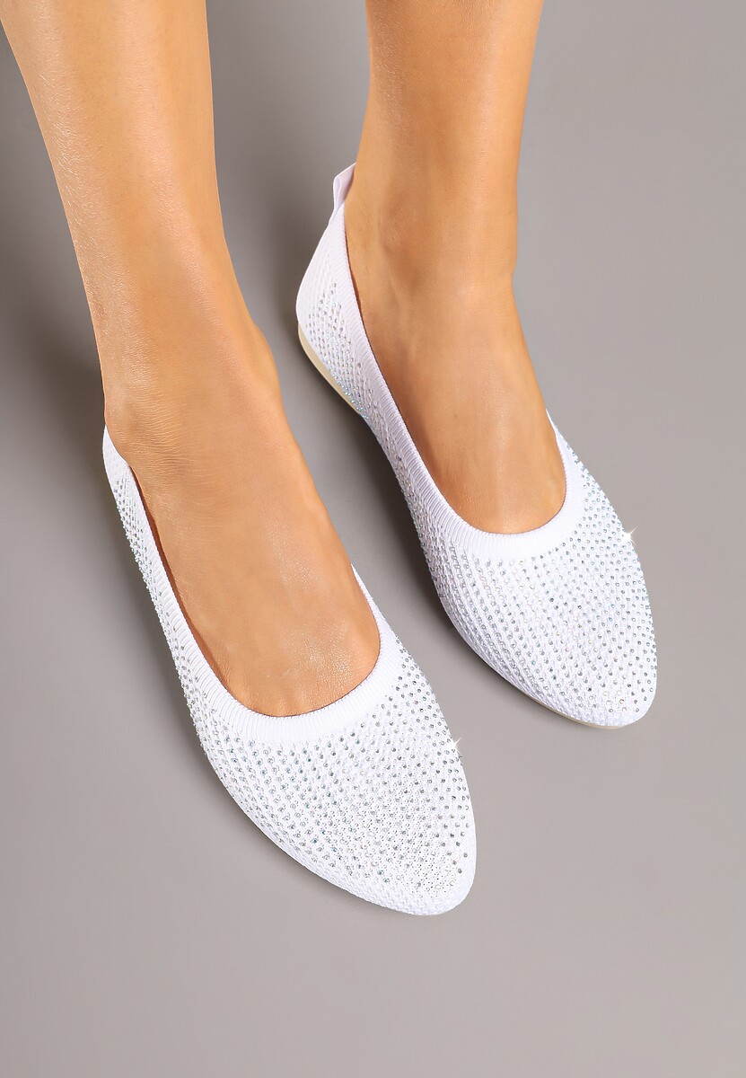 Białe Elastyczne Balerinki z Cholewką Zdobioną Metalicznymi Przeszyciami Elitella