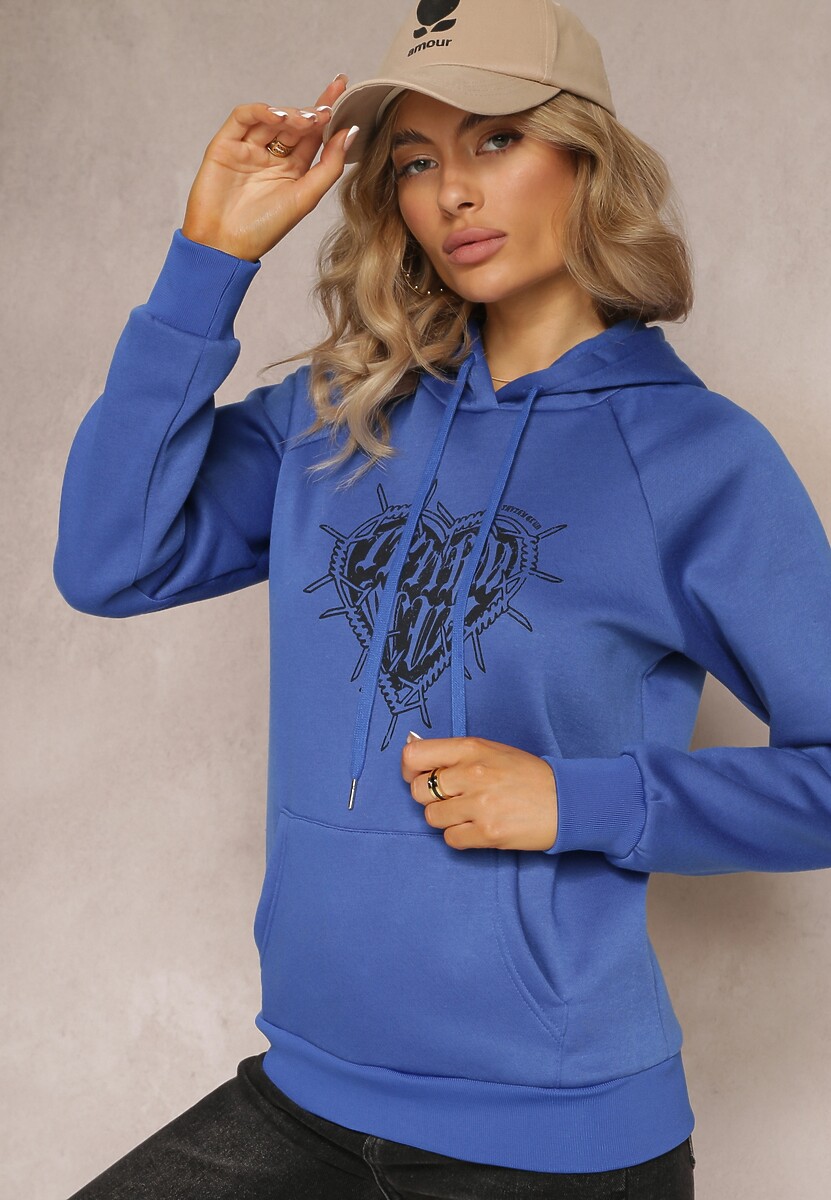 Jasnoszara Klasyczna Bluza z Nadrukiem na Przodzie i Kapturem Inalle