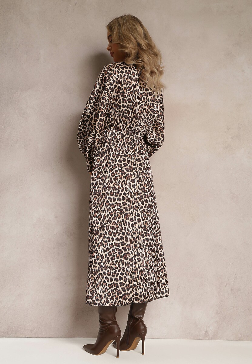 Beżowo-Brązowa Sukienka w Panterkę z Kopertowym Dekoltem Balme
