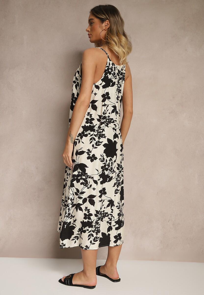 Kremowo-Czarna Sukienka z Wiskozą o Rozkloszowanym Kroju w Kwiaty Thirimi