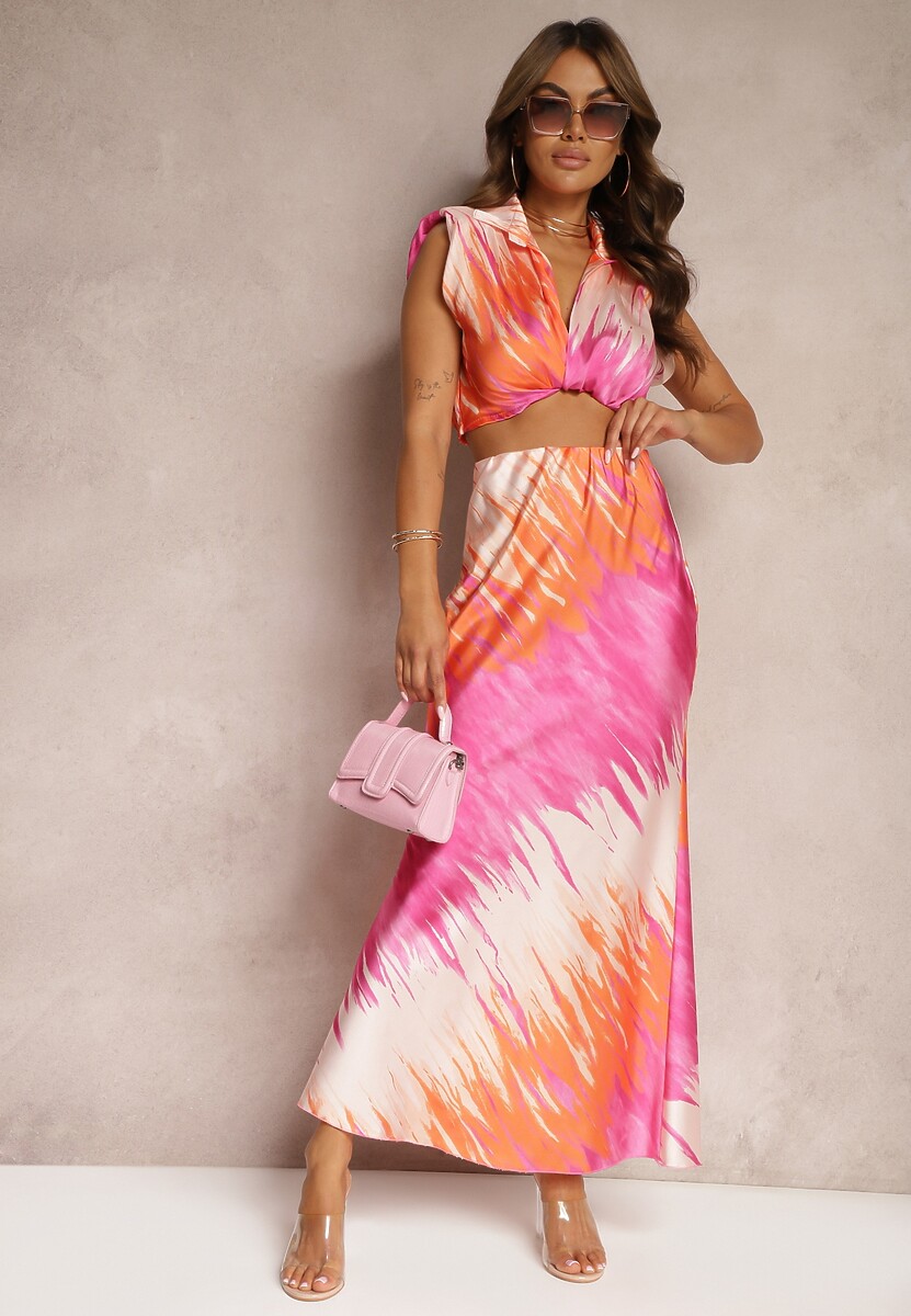 Różowo-Pomarańczowy Komplet Spódnica Wykończona w Pasie Gumką i Koszula Przeplatana z Przodu i Faleria