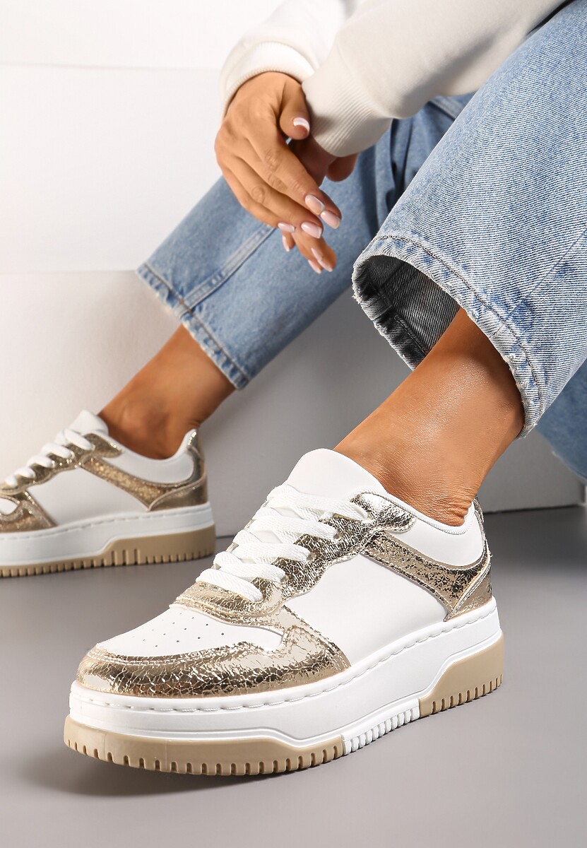 Złoto-Białe Sneakersy na Niskiej Platformie z Ozdobnymi Przeszyciami Huviena