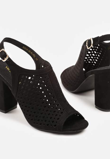 Czarne Sandały na Słupku z Ażurową Cholewką i  Skórzaną Wkładką Linalira