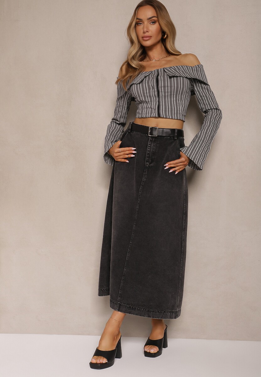 Jasnoniebieska Jeansowa Spódnica Maxi o Rozkloszowanym Kroju z Paskiem Teviva