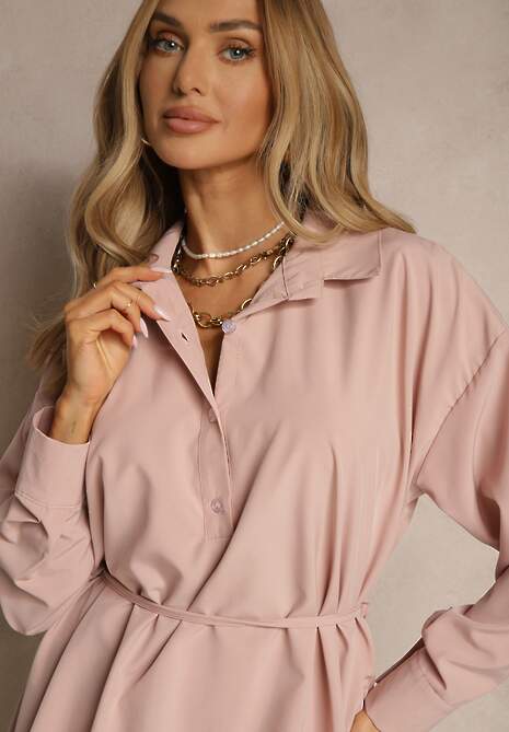 Różowa Sukienka Koszulowa Typu Bombka Ozdobiona Paskiem Lavirivae