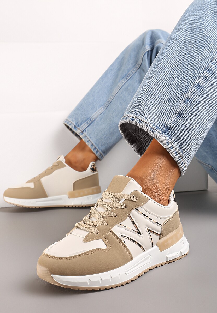 Ciemnobeżowe Płaskie Sneakersy ze Sznurowaniem z Metalicznymi Wstawkami Remarie