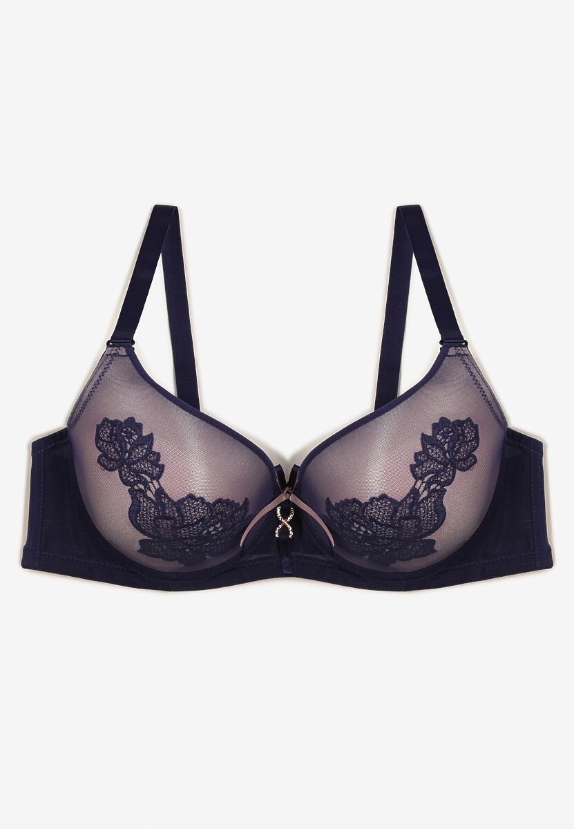 Granatowy Biustonosz Ozdobiony Koronką Full Cup Pasecia