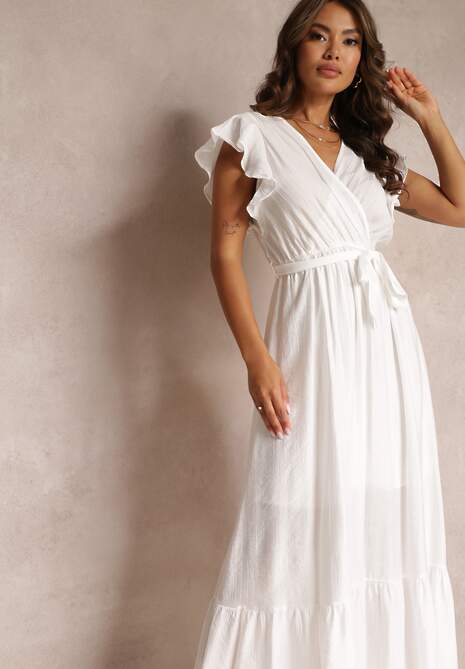 Biała Rozkloszowana Sukienka Maxi z Gumką w Talii Lavla