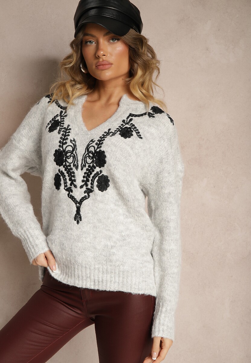 Szary Sweter z Wełną i Metalicznym Wzorem w Kwiaty Senithea