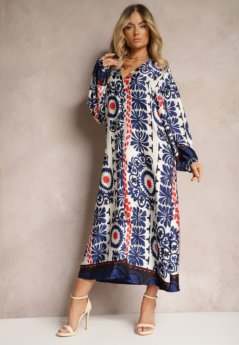 Niebieska Pudełkowa Sukienka z Satynowej Tkaniny w Ornamentalny Wzór Allilena